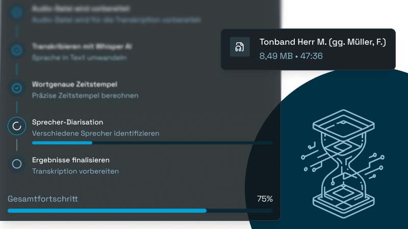 Visualisierung des lokalen Transkriptionsprozesses mit Whisper AI inklusive Fortschrittsanzeige für Wort-Zeitstempel und Sprecher-Diarisation.