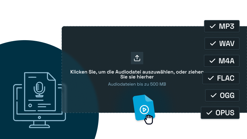 Benutzeroberfläche zum Hochladen von Audiodateien per Drag-and-Drop mit Unterstützung für Formate wie MP3, WAV, M4A, FLAC, OGG und OPUS.
