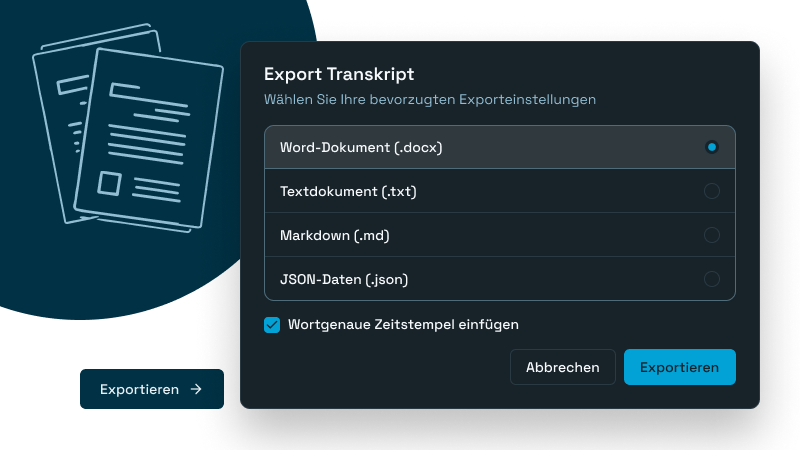 Export-Dialog für fertige Transkripte mit Optionen für Word-Dokumente, Textdateien, Markdown oder JSON inklusive einfügbarer Wort-Zeitstempel.