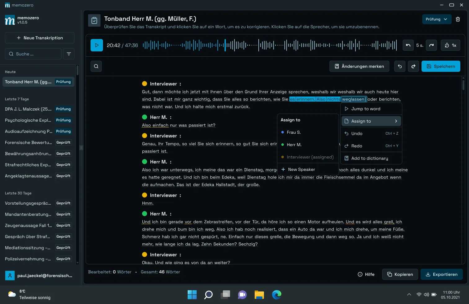 memozero Transcription App — Forensic transcription with speaker assignment, correction tools, and structured output